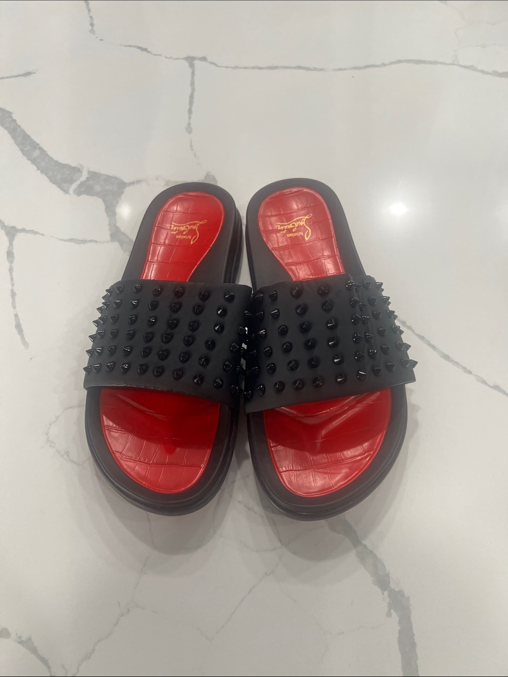 Christian Louboutin Black Spiked Slide Sandals with Red Insoles - Picture 2 of 5